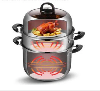 3 Layer Stainless Steel Steamer Pot with bakelite handles